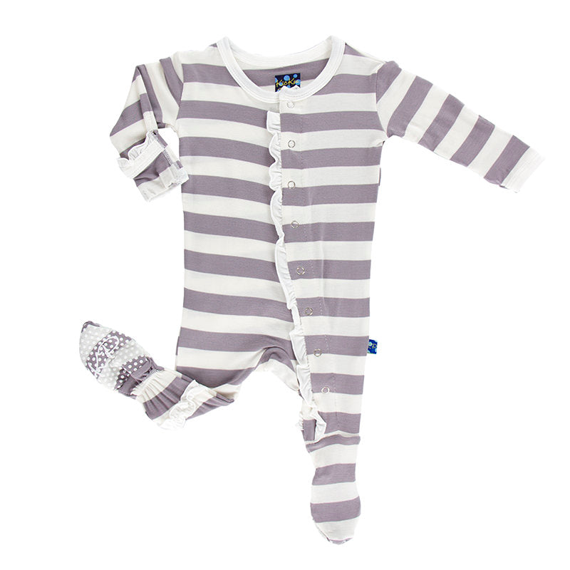 Print Classic Ruffle Footie with Snaps in Feather Contrast Stripe Preemie