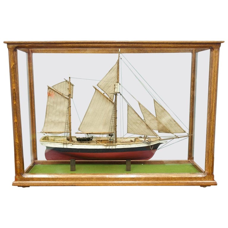 Model Ship in a Glass Case with Teak Frame, France 1960s 'A