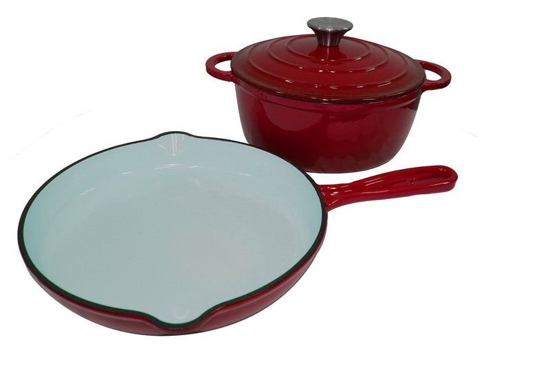 3 Pcs Cast Iron Dutch-Oven Cookware Set - 22cm Pot & 25cm Frypan - Red