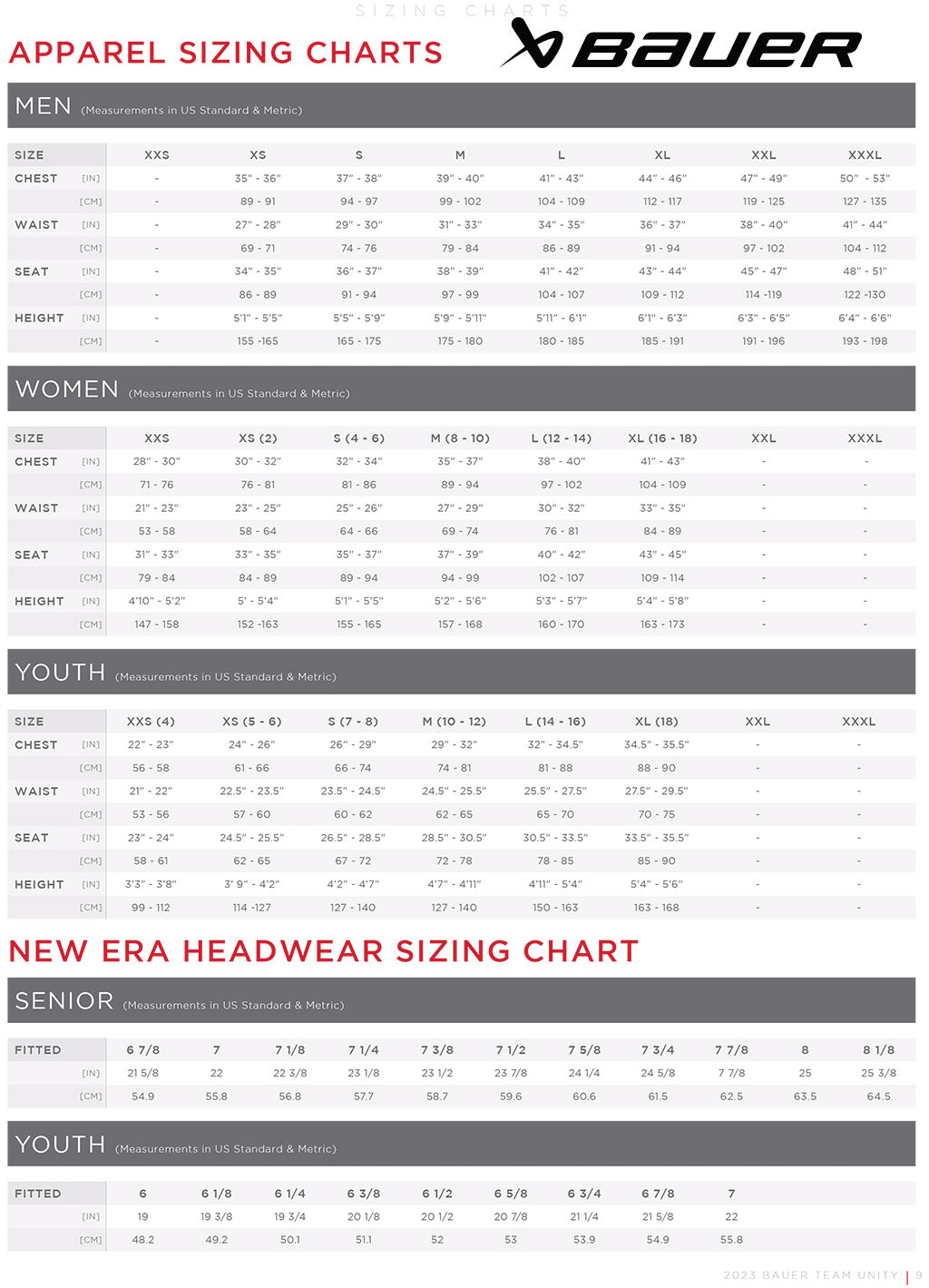 Bauer Apparel Size Chart 2023