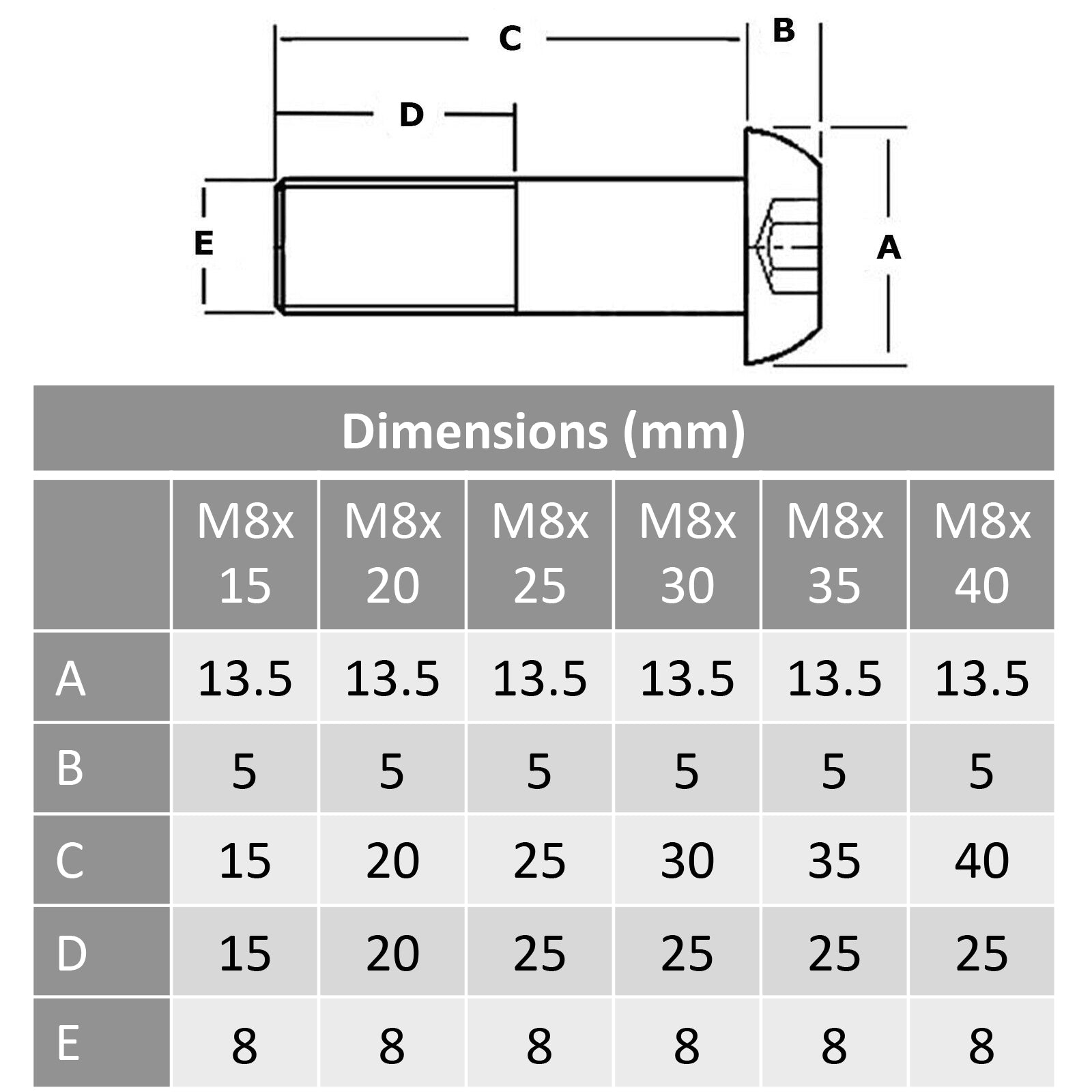 m8 titanium torx bolts dimensions