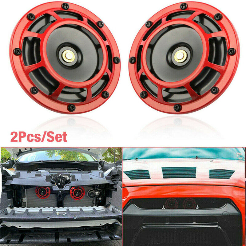 2Pcs Compact Electric Loud Blast Red Grille Mount Super Tone Hella Horn Kits 12V