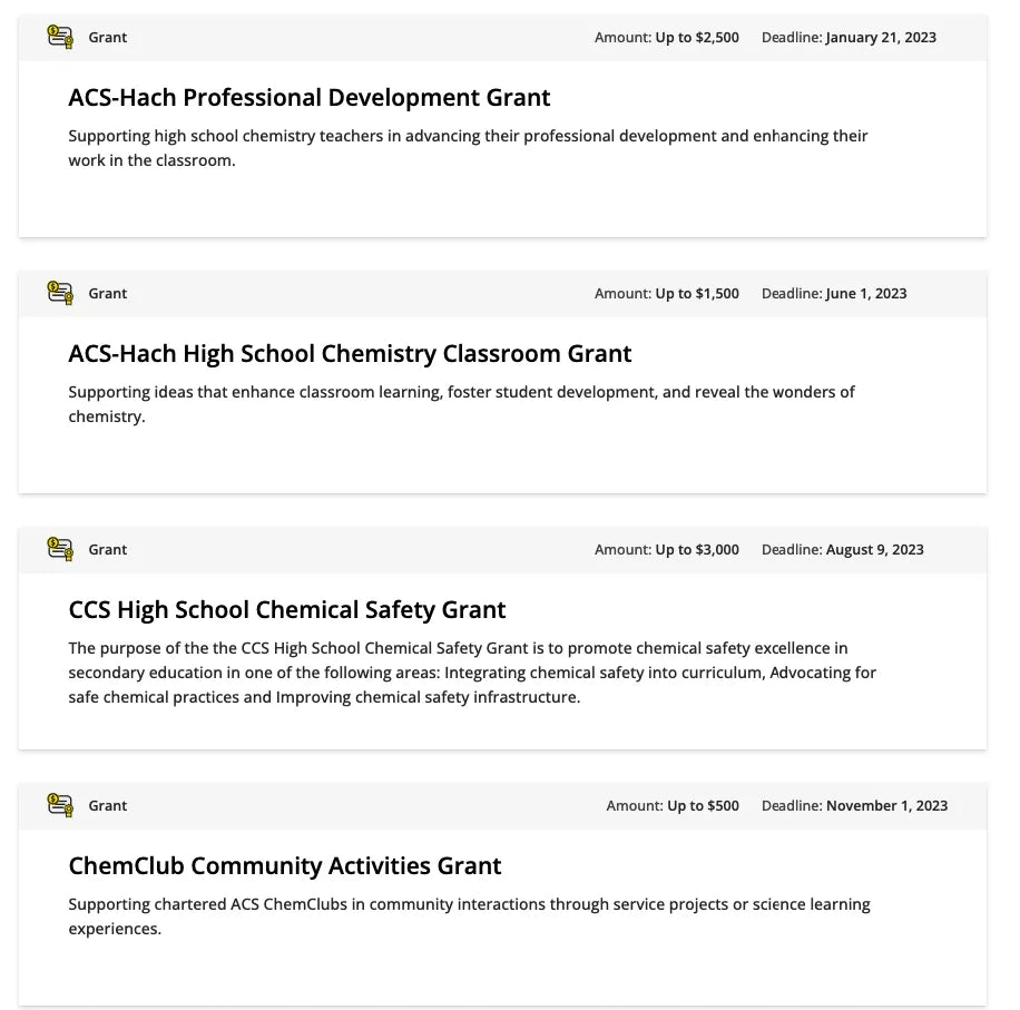 American Chemical Society offers several grants for STEM teaching