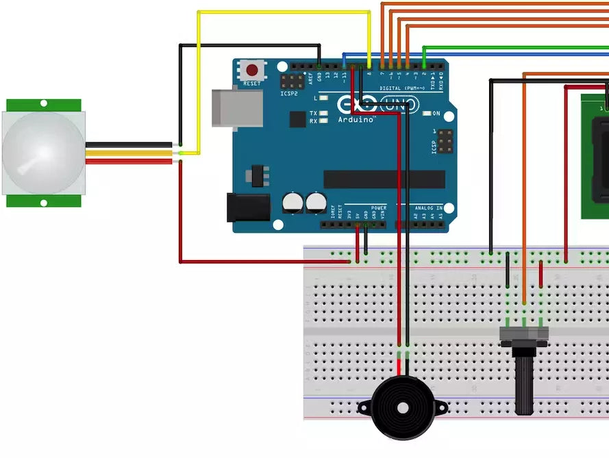 Simple burglar alarm electronics project connected in a circuit with Arduino