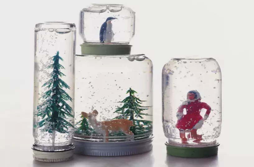 decorated DIY snow globes in a jar