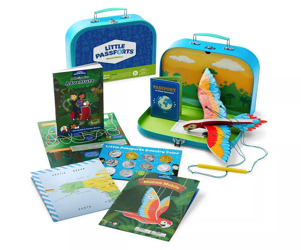 Contents of Little Passport's World Edition subscription box for kids