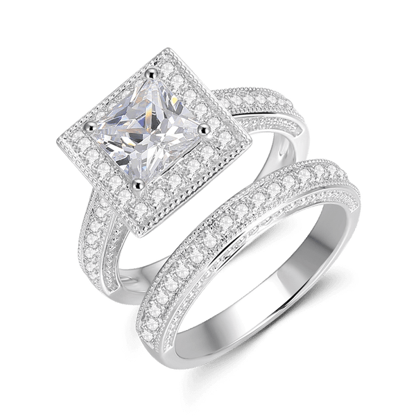 Square Forever Love Engagement Wedding Bridal Ring Set 925