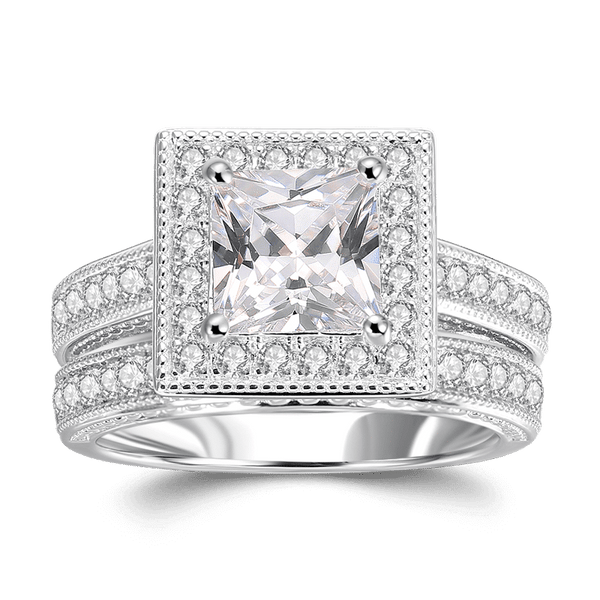 Square Forever Love Engagement Wedding Bridal Ring Set 925