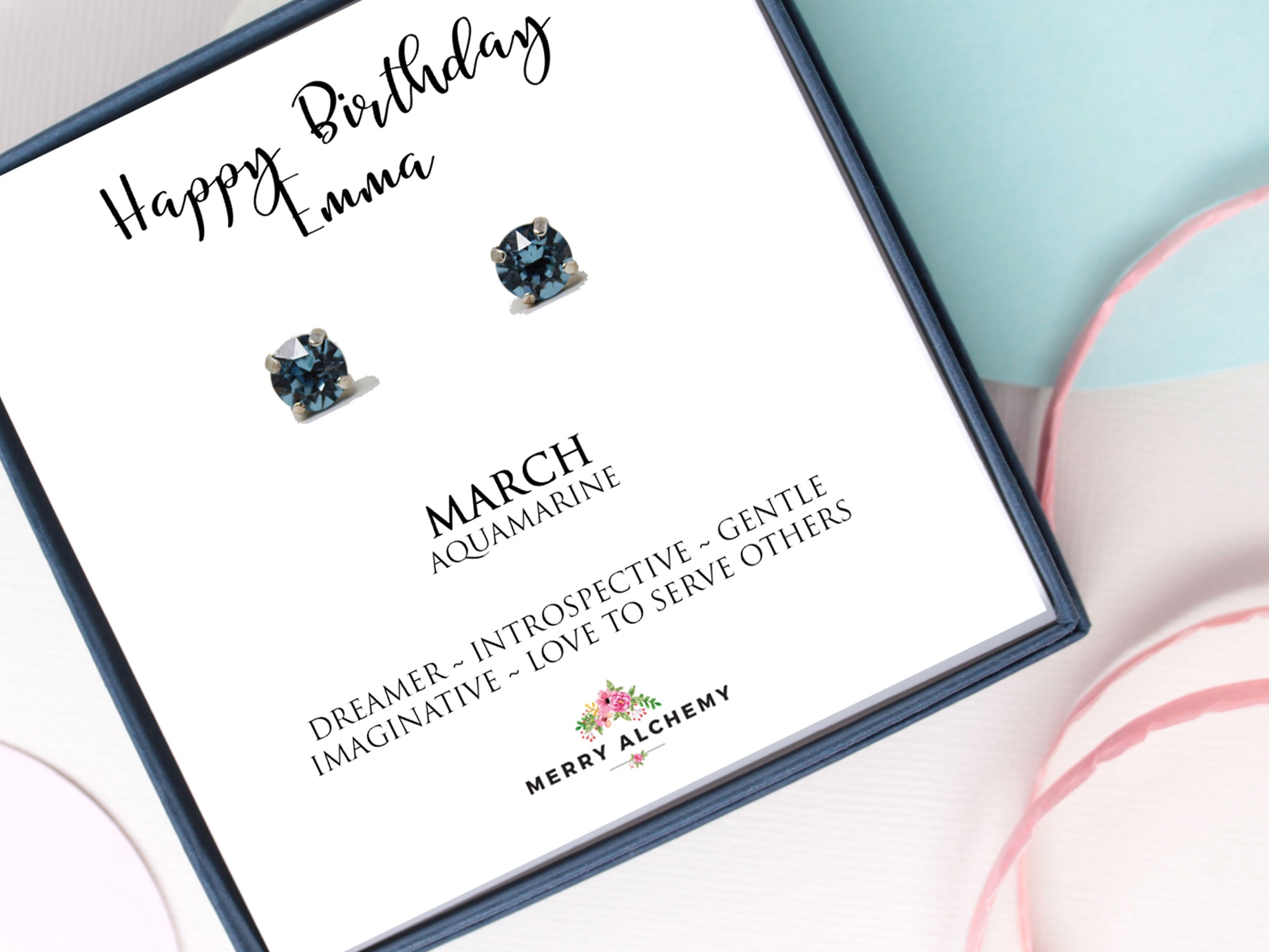 Happy Birthday aquamarine crystal stud earrings