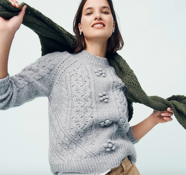 cable knit pointelle sweater with popcorn flowers by j.crew