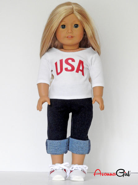 American Girl Doll Handmade USA T-Shirt, Denim Jeggings, Sneakers