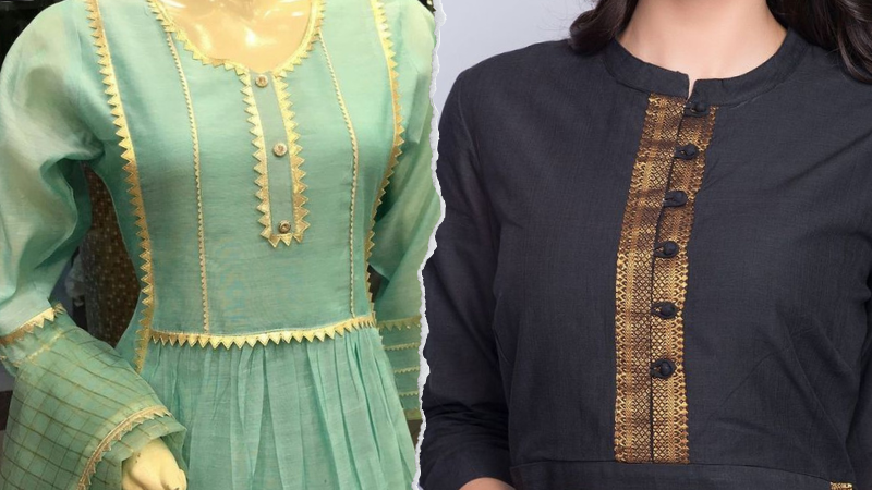 Kurta style with a round neckline and lace front details