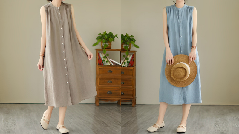 Plain Sleeveless Linen Dress