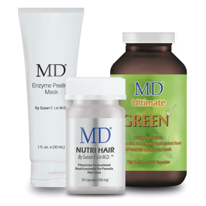 MD® Acne Clear Complexion Solution Bundle | MD® Ultimate Green, MD® Nutri Hair, MD® Enzyme Peeling Mask