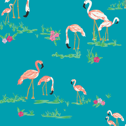 Flamingos on teal blue background