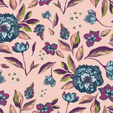 Enchanted Flora Ablush features a floral print in jewel tones on a pink background.