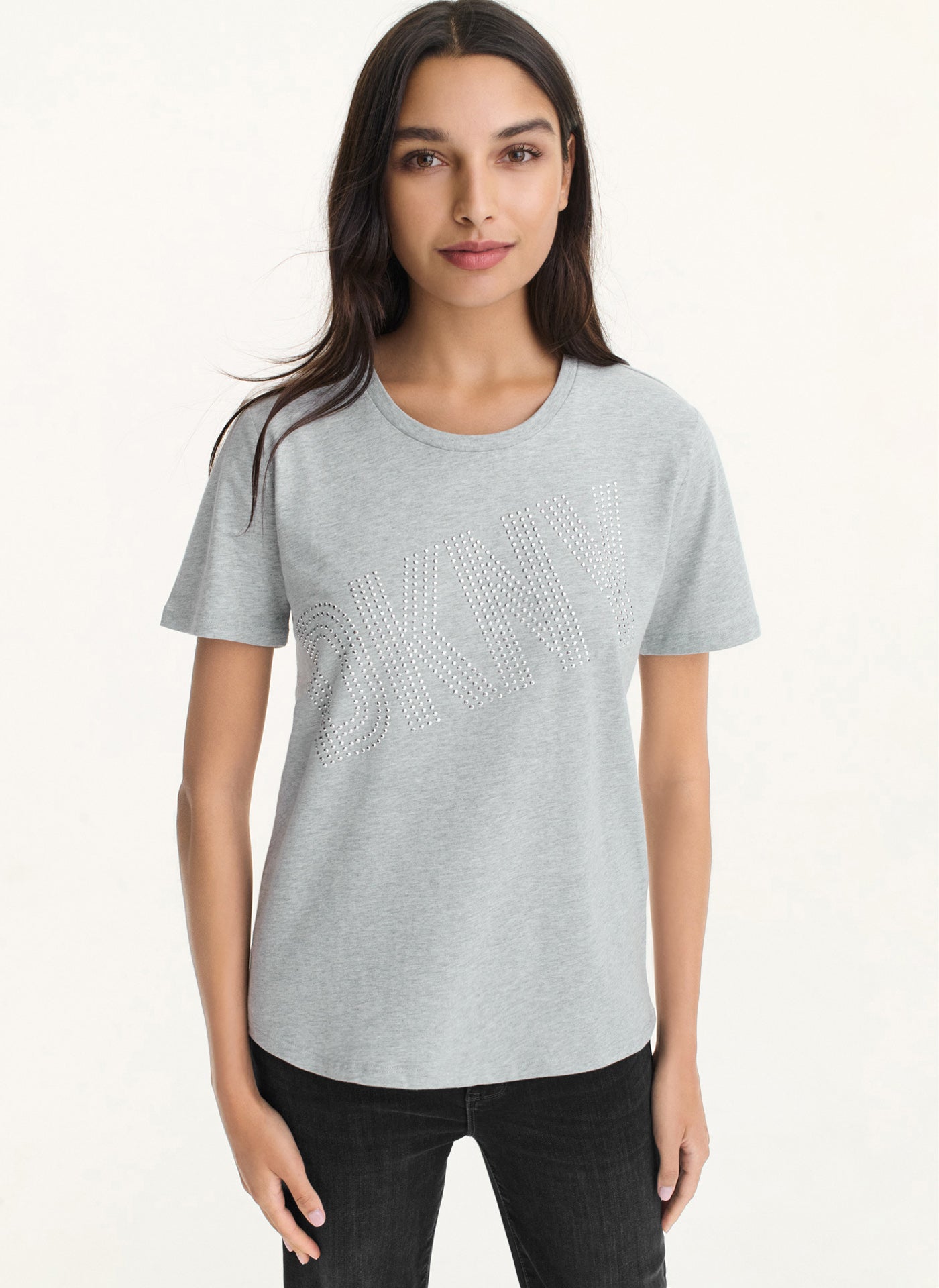 Shop Dkny Women's New Rhinestone T-shirt In Heather Grey