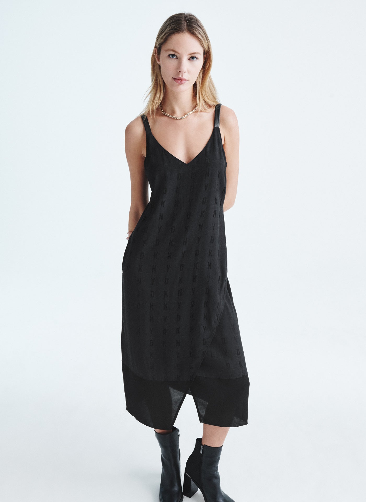 DKNY Long Mesh Sleeve V-Neck Drape Front Dress