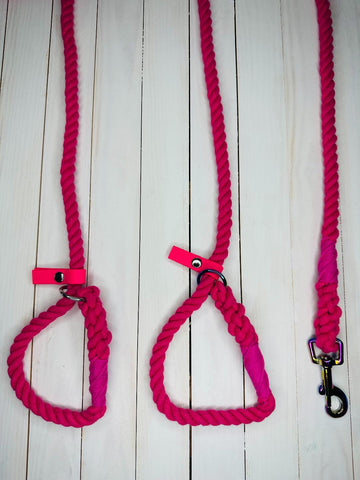 Three Pink rope leads, 1 slip lead with chrome hardware, 1 slip lead with neochrome hardware, 1 clip lead with neochrome hardware.