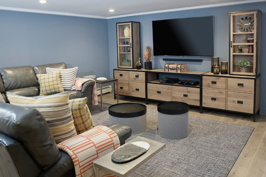 Fox and Chenko family room with sofa and tv and media cabinet