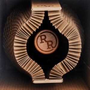Bird's eye view of cardboard packaging with the bottle lid visible printed with River Rock logo 