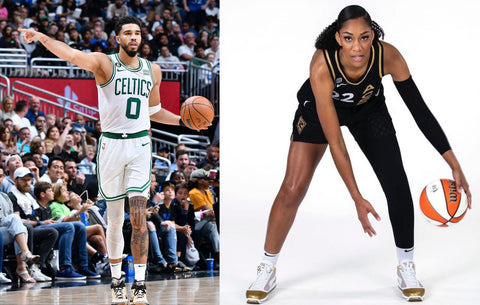aja wilson and jayson tatum wearing cut compression tights and leg sleeves