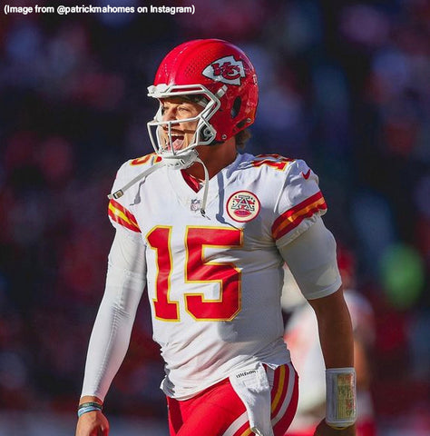 Patrick Mahomes wearing a compression t-shirt with a shooting sleeve