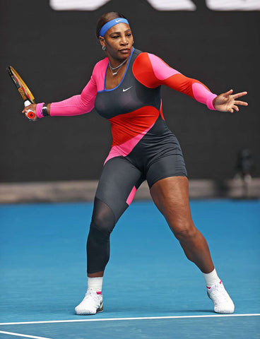 Serena Williams sports an asymmetrical body suit during Australian Open