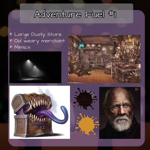 Adventure fuel for dnd, a setting for the "Ye Olde Shoppe" Wayside Wizard candle. Shows pictures of old shops, mimics, a shop keeper and a dimly lit street