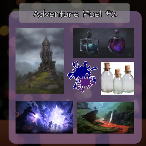 Quest Hook #2 for dnd, a setting for the "An Invitation to the Wizard's Tower" themed candle. Has a picture of potions, wizard towers, ortals, and rivers of different colors, themed with blue and purple colors. 
