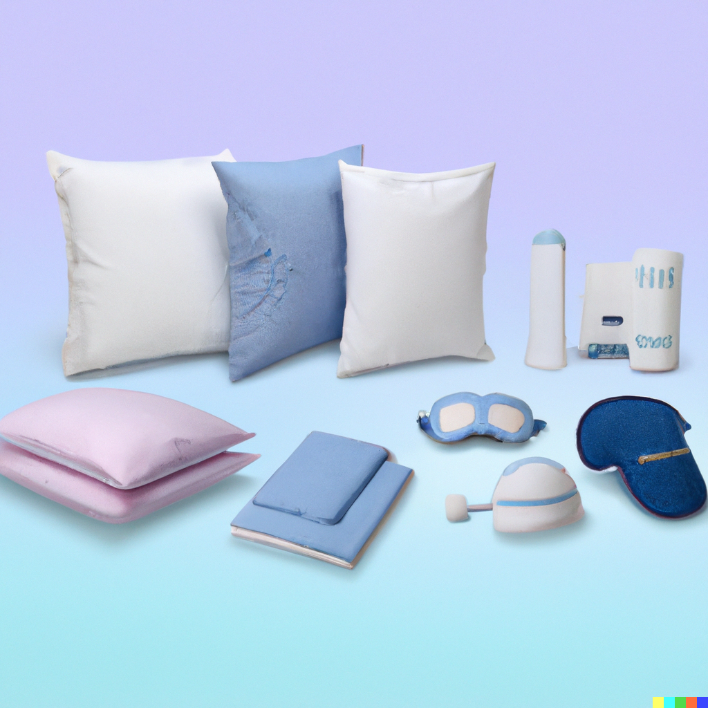 A gorgeous range of sleep products on a gradient background with drop shadow - AI-generated