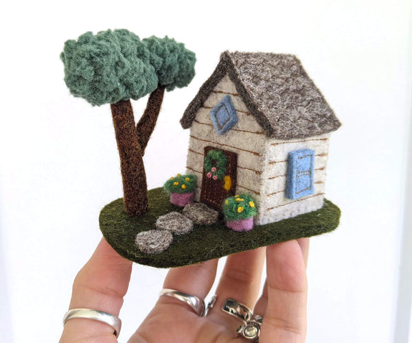 Cozy Flower Cottage, Miniature Fiber Art Sculpture