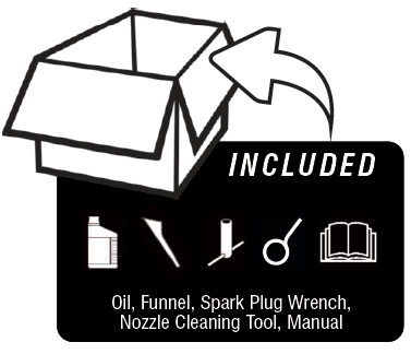 Included - oil, funnel, spark plug wrench, nozzle cleaning tool, manual
