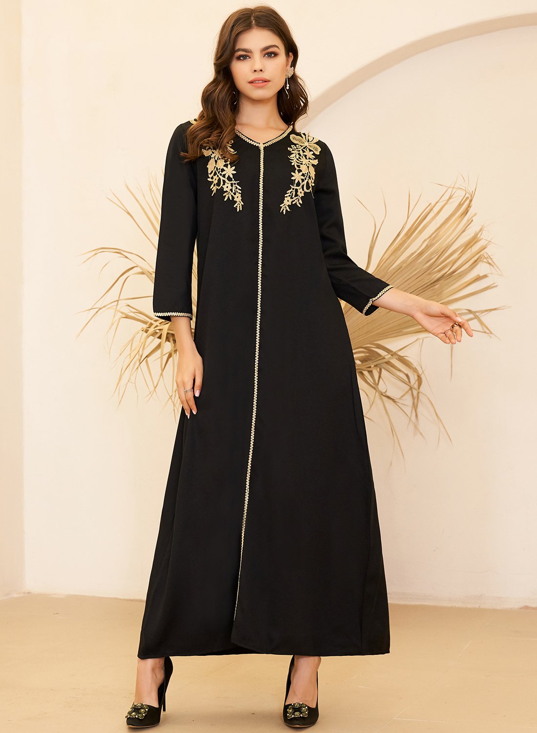 Golden Embroidery Lace Pattern Long Sleeve Maxi Arabian One Piece Dres Friday In