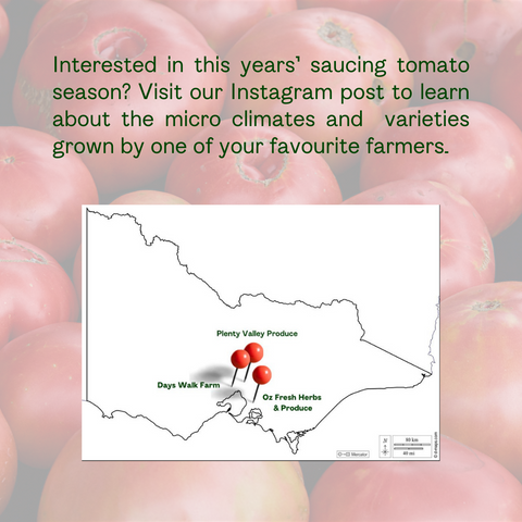 Image of a map of Victoria with red pins highlighting the locations of farms that grow saucing tomatoes.