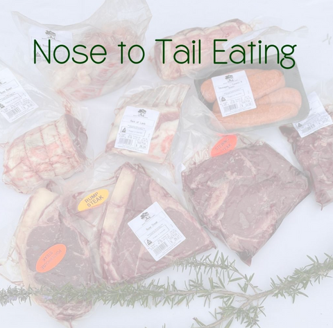 Text says Nose to Tail Eating over a photo of regenerative meat