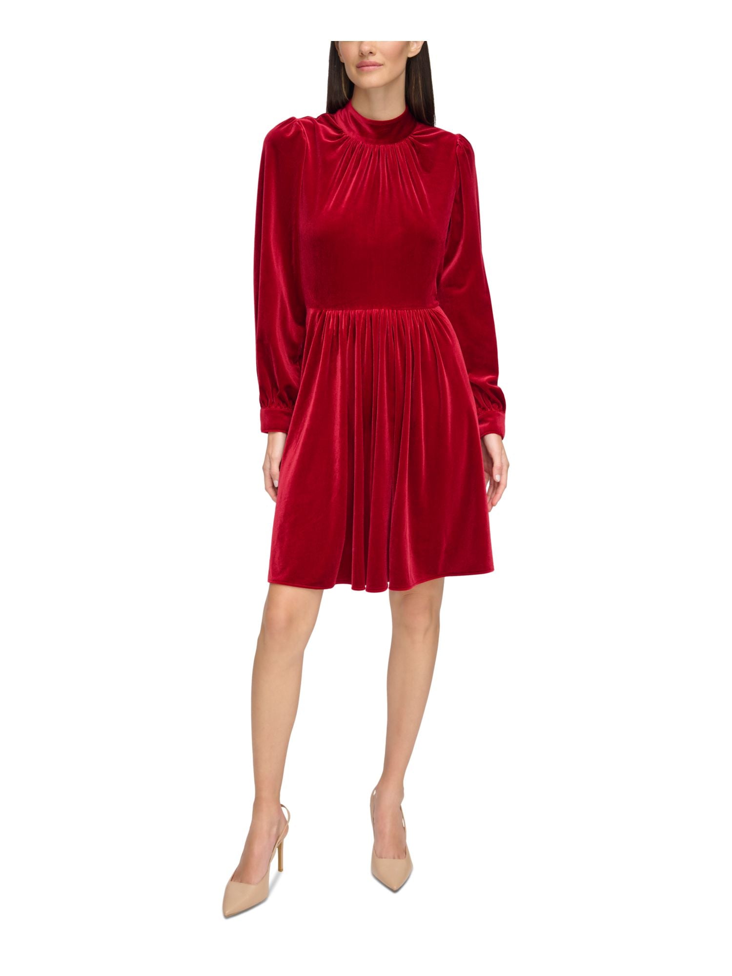 CALVIN KLEIN Womens Red Gathered Zippered Lined Cuffed Sleeve Mock Neck Above The Knee Party Fit + Flare Dress