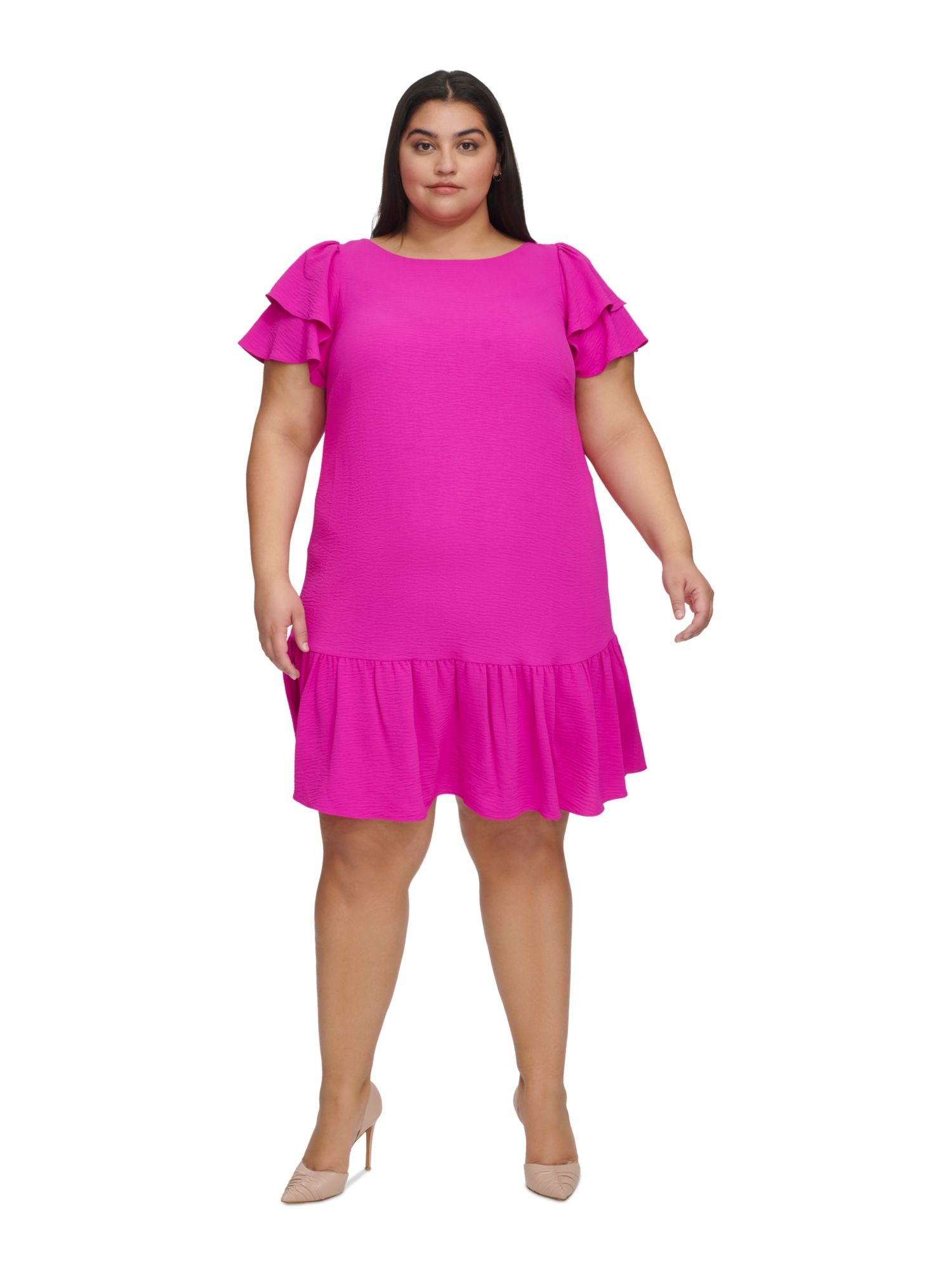 DKNY Womens Pink Ruffled Zippered Flounce Hem Flutter Sleeve Boat Neck Above The Knee Wear To Work Shift Dress