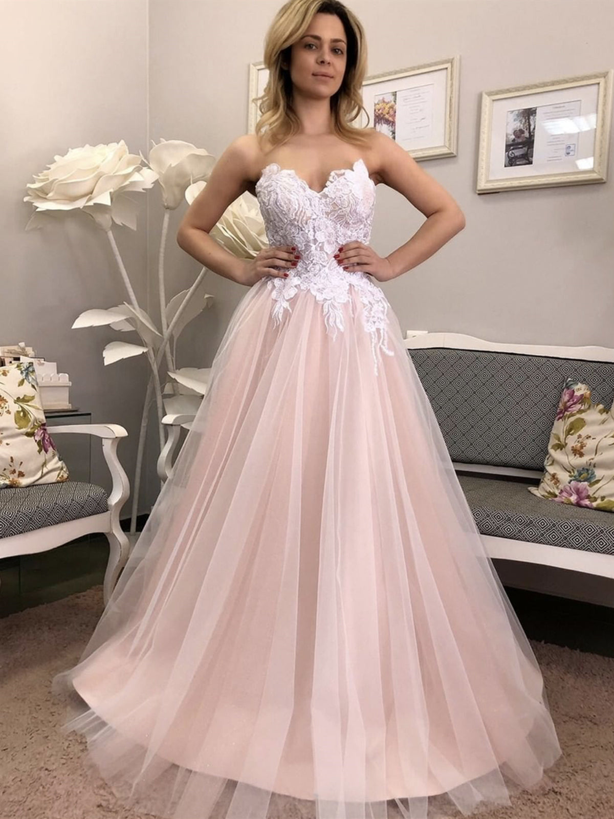 Pink A line tulle long prom dress pink formal evening dress – dresstby