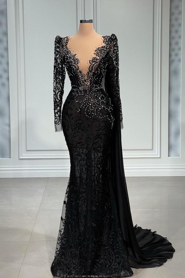 One Shoulder Mermaid Prom Dress Black Lace Long Sleeve Formal Gown –  Pgmdress