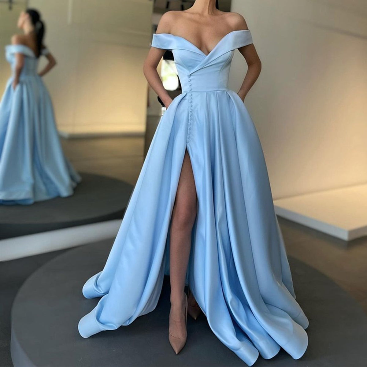 Sparkly Tulle Sky Blue A-line Scoop Prom Dresses, Long Formal Dresses,  SP805