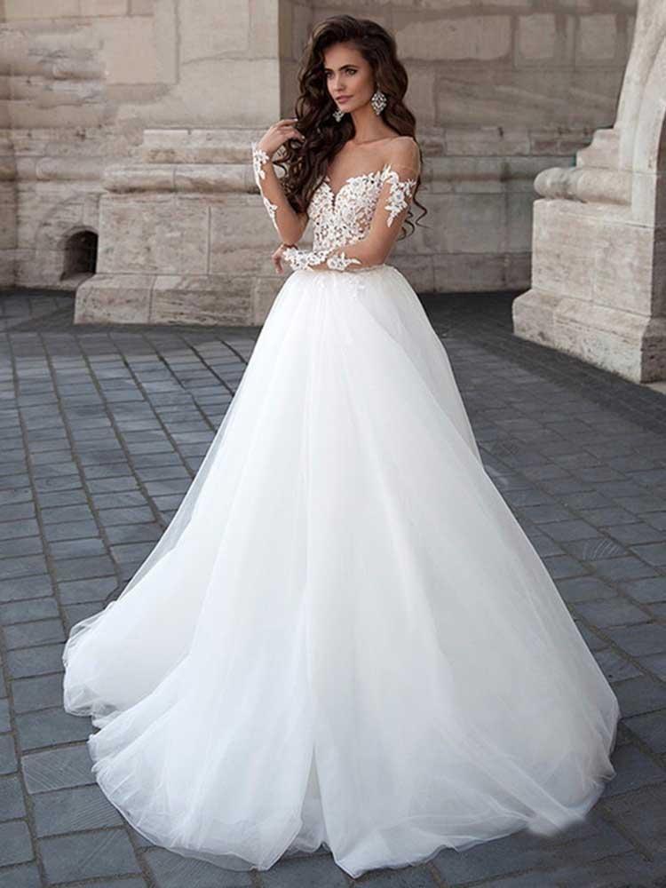 Luxury Shiny Lace Wedding Dress. Summer Backless Long Sleeve Bridal Gown  with Tulle Skirt Stock Photo - Image of backless, hairstyle: 248966694