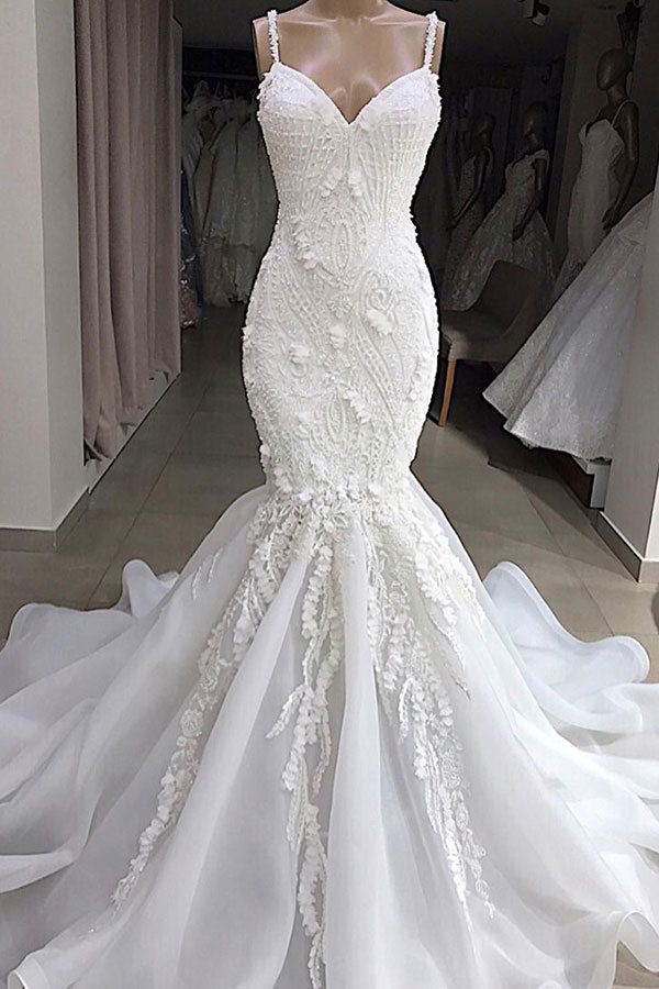 Long Mermaid Spaghetti Strap Lace Backless Wedding Dress – BIZTUNNEL