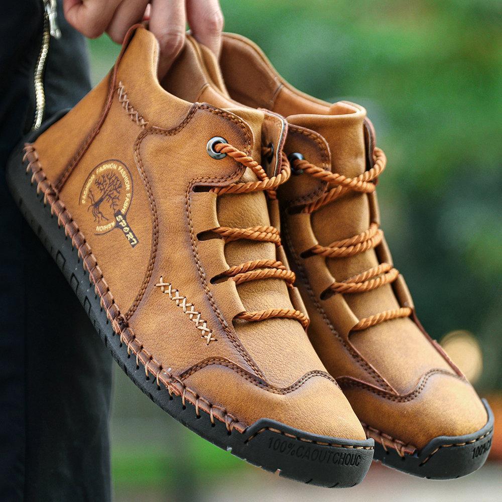 Kaegreel Men's Vintage Hand Stitching Comfort Soft Leather Boots - Men ...