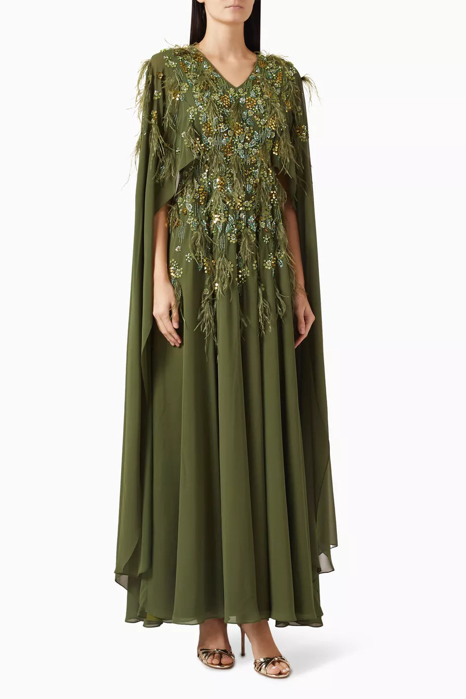 Green Feather-trim Cape Kaftan
