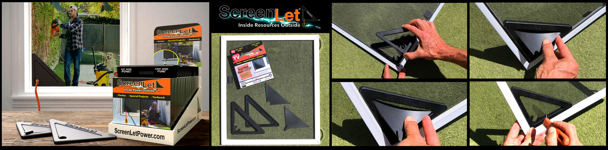 A panoramic image collage showing the ScreenLet product and its installation process. On the left, a man is depicted using a leaf blower outdoors with the ScreenLet installed in a window screen. The middle part shows the ScreenLet product packaging and branding, emphasizing 'Inside Resources Outside.' The right sequence illustrates the simple installation steps: placing the ScreenLet device onto a window screen frame, pressing it down to secure, and threading a cable through it. This highlights the ease of installation for homeowners, renters, and DIY enthusiasts, requiring no special tools for a hassle-free setup.