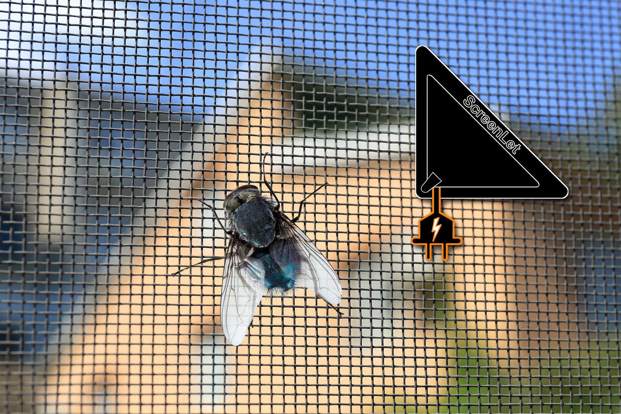 Close-up of a ScreenLet logo overlaying a window screen, symbolizing insect protection and outdoor electricity access.