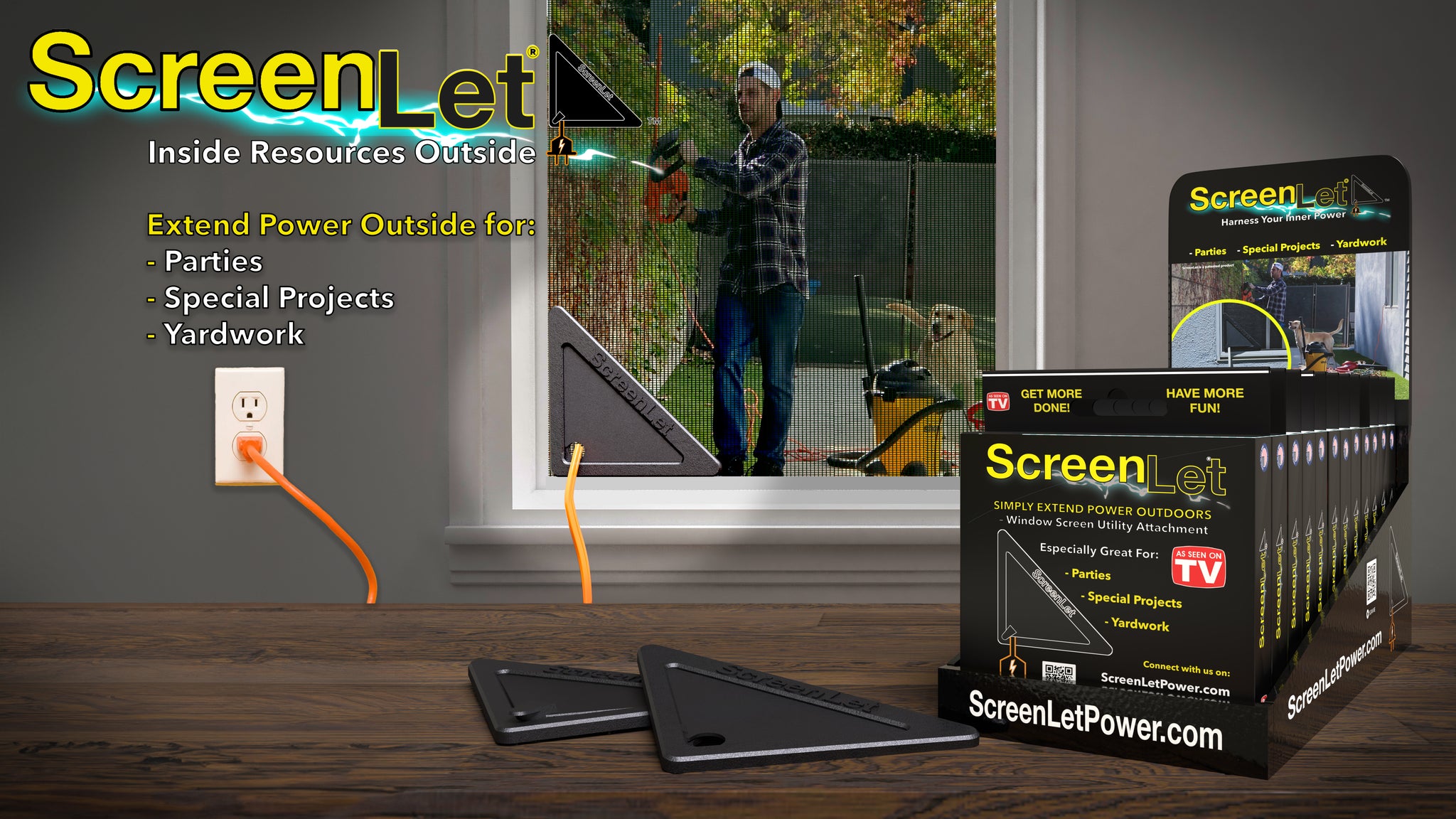 Promotional image of ScreenLet, a window screen utility attachment used to extend power outside. The image shows a man using a leaf blower outdoors with the power cord safely passing through the ScreenLet device installed on a window screen. Text highlights uses for parties, special projects, and yardwork. The product's packaging is also shown, with the tagline 'Simply Extend Power Outdoors' and mentions of being featured on TV. The ScreenLet logo and website, ScreenLetPower.com, are prominently displayed.