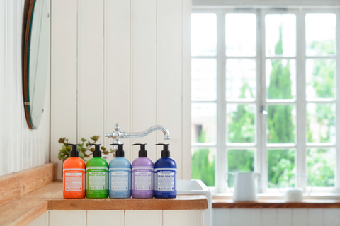 Natural shower gels on a shelf