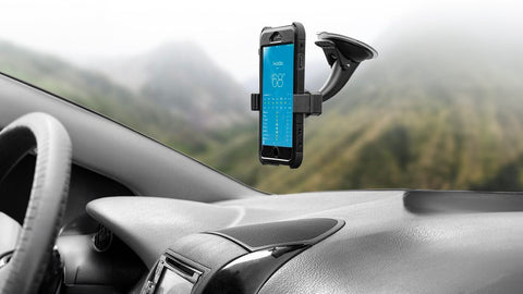 A windshield phone mount inside a vehicle